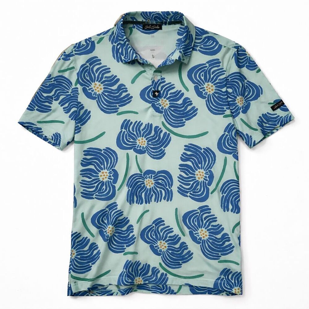 Bad Birdie Polo Shirt Golf Men's Size Medium Blue Floral Print Preppy Comfort